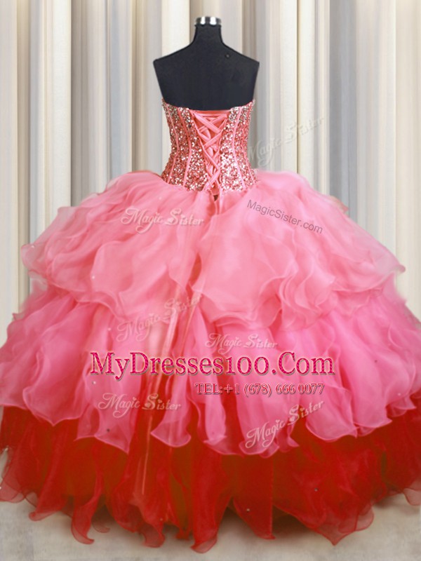 Visible Boning Bling-bling Sleeveless Lace Up Floor Length Beading and Ruffled Layers Quinceanera Gowns