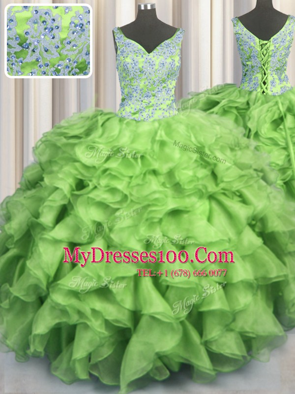 V Neck Sleeveless Organza Floor Length Lace Up 15th Birthday Dress in with Beading and Ruffles