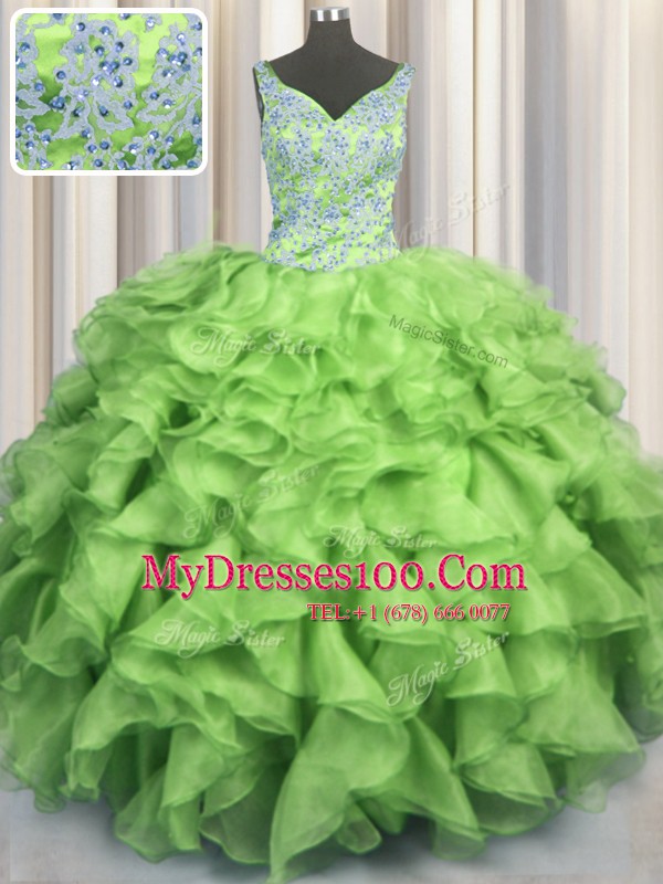 V Neck Sleeveless Organza Floor Length Lace Up 15th Birthday Dress in with Beading and Ruffles
