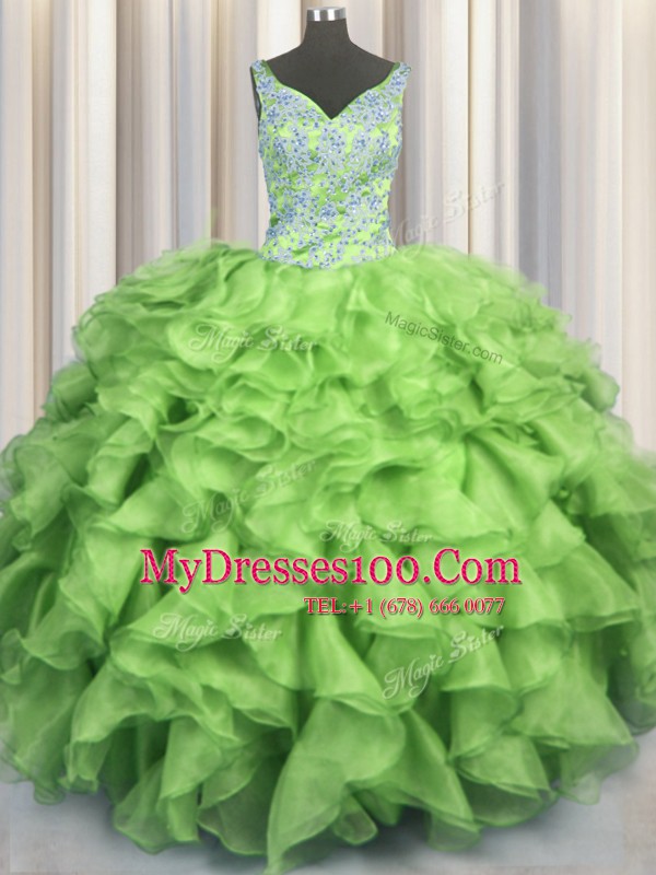 V Neck Sleeveless Organza Floor Length Lace Up 15th Birthday Dress in with Beading and Ruffles