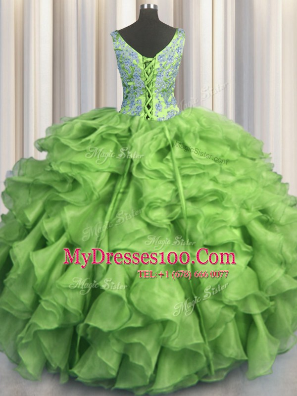 V Neck Sleeveless Organza Floor Length Lace Up 15th Birthday Dress in with Beading and Ruffles