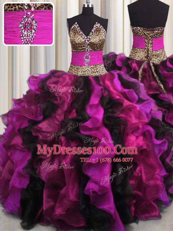 Affordable Leopard Multi-color Quinceanera Gowns Military Ball and Sweet 16 and Quinceanera and For with Beading and Ruffles V-neck Sleeveless Lace Up