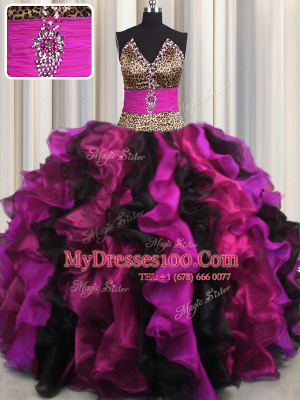 Affordable Leopard Multi-color Quinceanera Gowns Military Ball and Sweet 16 and Quinceanera and For with Beading and Ruffles V-neck Sleeveless Lace Up