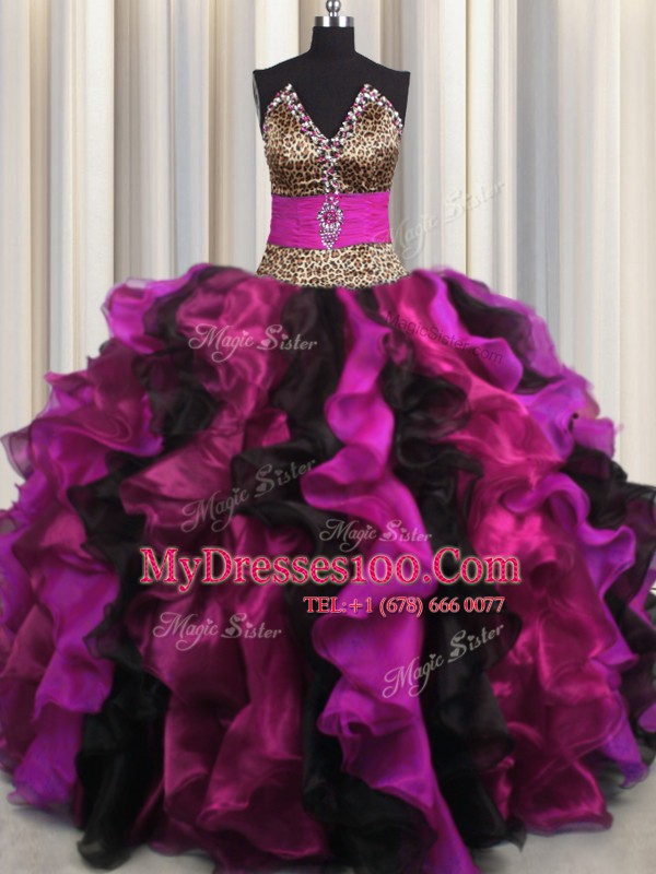 Affordable Leopard Multi-color Quinceanera Gowns Military Ball and Sweet 16 and Quinceanera and For with Beading and Ruffles V-neck Sleeveless Lace Up