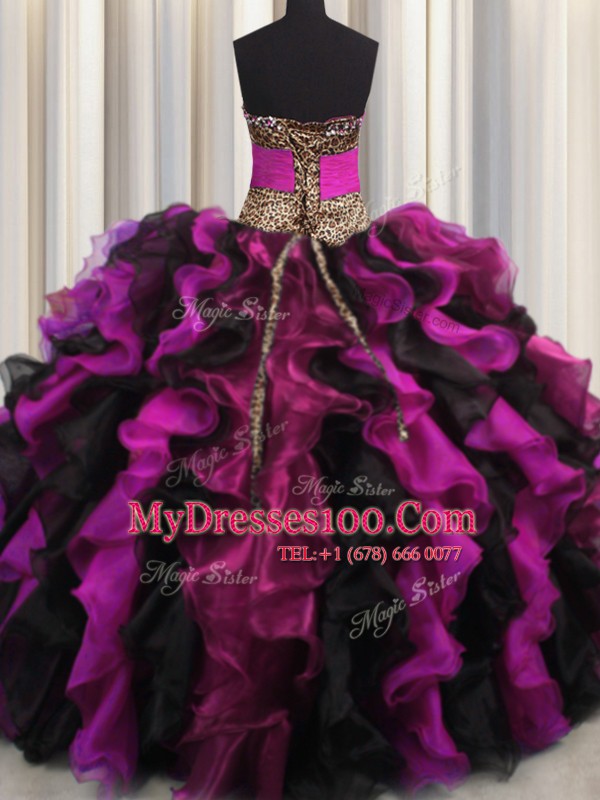 Affordable Leopard Multi-color Quinceanera Gowns Military Ball and Sweet 16 and Quinceanera and For with Beading and Ruffles V-neck Sleeveless Lace Up