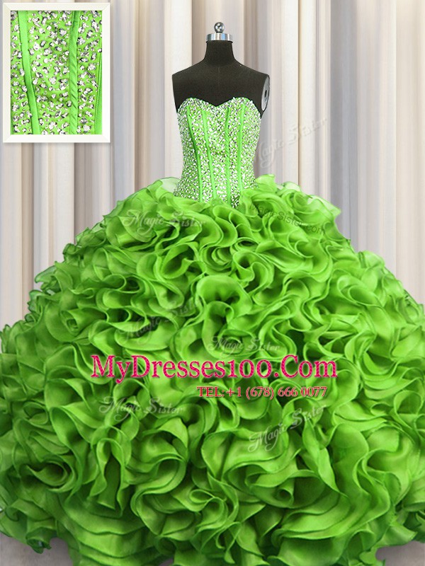Visible Boning Sleeveless Organza Lace Up Quince Ball Gowns for Military Ball and Sweet 16 and Quinceanera
