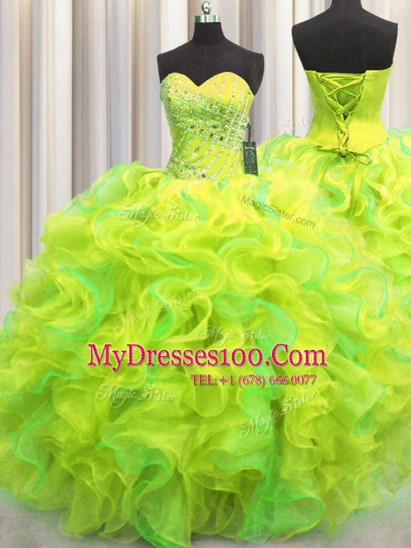Floor Length Multi-color 15th Birthday Dress Organza Sleeveless Beading and Ruffles