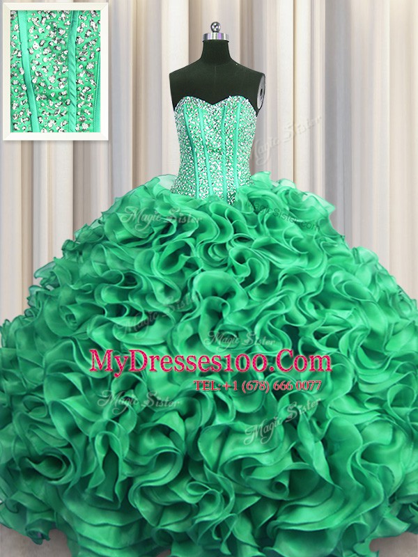 Visible Boning Turquoise Lace Up Sweetheart Beading and Ruffles Quince Ball Gowns Organza Sleeveless