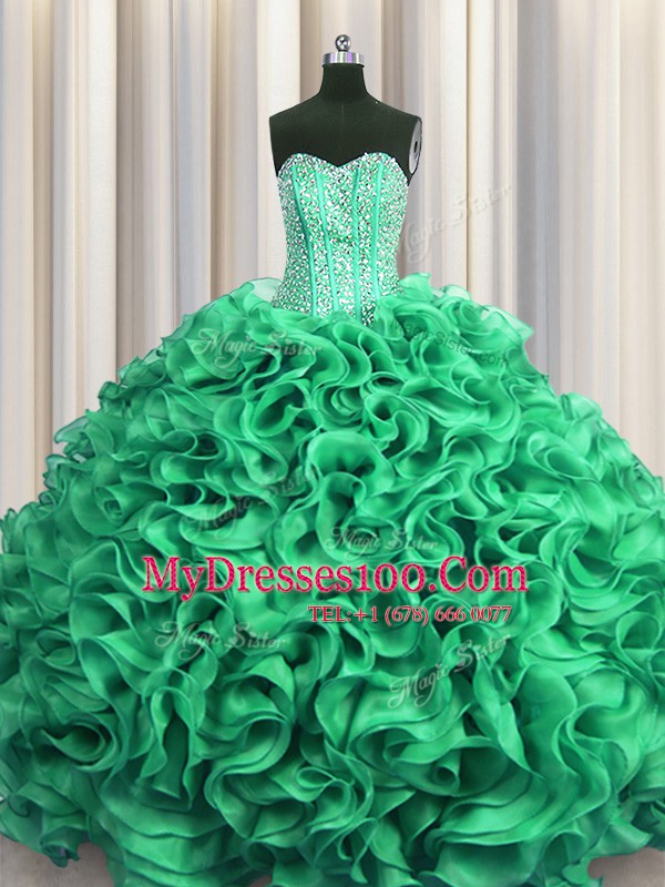 Visible Boning Turquoise Lace Up Sweetheart Beading and Ruffles Quince Ball Gowns Organza Sleeveless