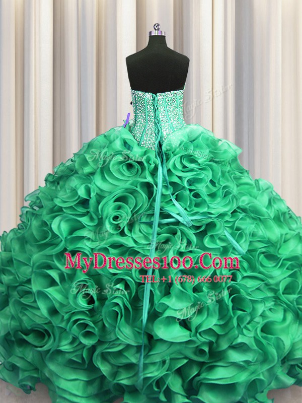 Visible Boning Turquoise Lace Up Sweetheart Beading and Ruffles Quince Ball Gowns Organza Sleeveless