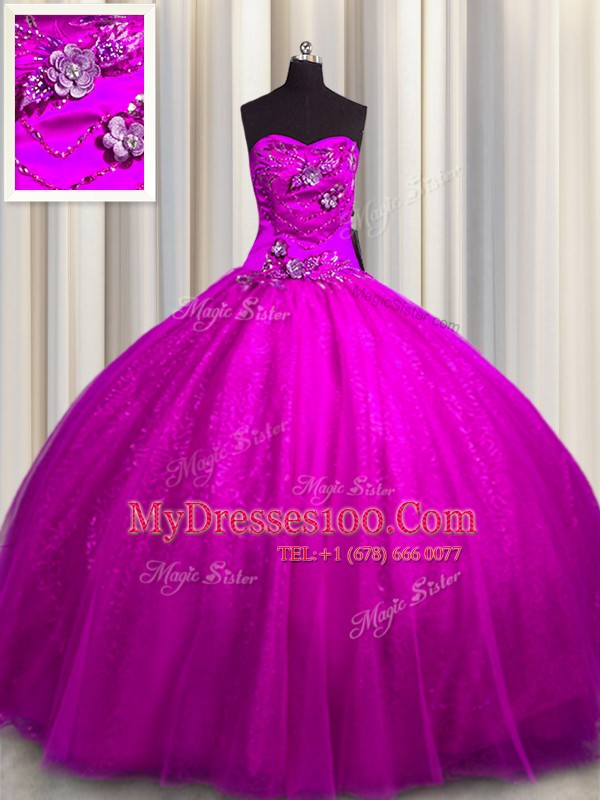 Sweetheart Sleeveless Quinceanera Dress Floor Length Beading and Appliques Fuchsia Tulle and Sequined
