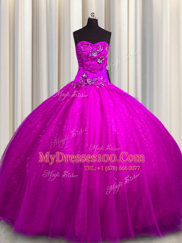 Sweetheart Sleeveless Quinceanera Dress Floor Length Beading and Appliques Fuchsia Tulle and Sequined