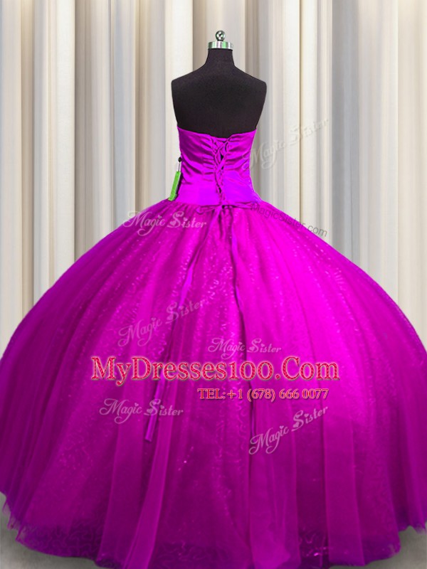 Sweetheart Sleeveless Quinceanera Dress Floor Length Beading and Appliques Fuchsia Tulle and Sequined