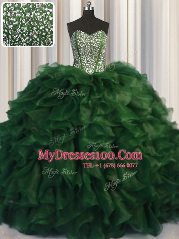 Amazing Visible Boning Bling-bling Sleeveless Organza With Brush Train Lace Up Ball Gown Prom Dress in Green with Beading