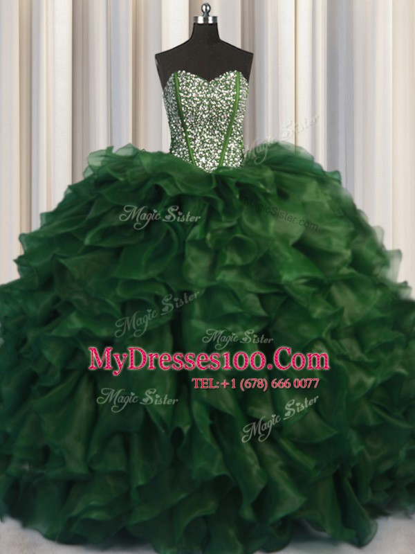 Amazing Visible Boning Bling-bling Sleeveless Organza With Brush Train Lace Up Ball Gown Prom Dress in Green with Beading