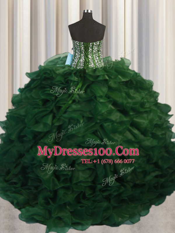 Amazing Visible Boning Bling-bling Sleeveless Organza With Brush Train Lace Up Ball Gown Prom Dress in Green with Beading