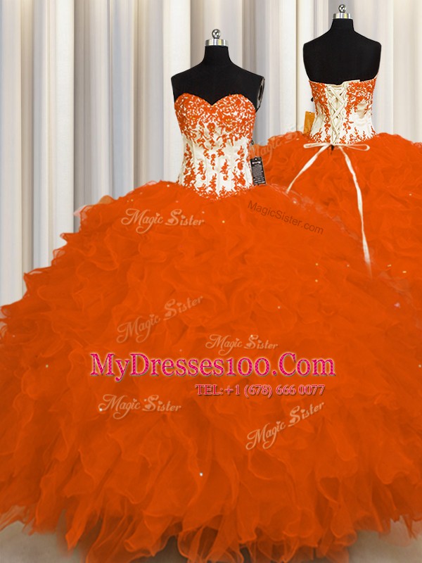 Graceful Organza Sweetheart Sleeveless Lace Up Appliques and Ruffles Quinceanera Dress in Orange Red