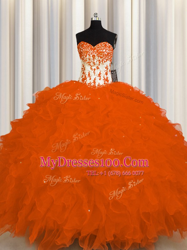Graceful Organza Sweetheart Sleeveless Lace Up Appliques and Ruffles Quinceanera Dress in Orange Red