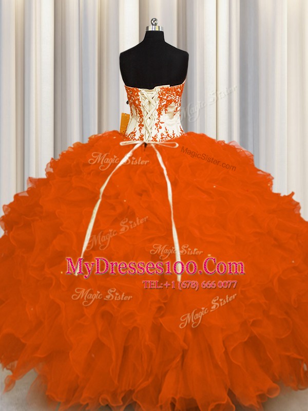 Graceful Organza Sweetheart Sleeveless Lace Up Appliques and Ruffles Quinceanera Dress in Orange Red