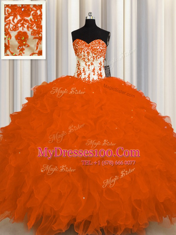 Graceful Organza Sweetheart Sleeveless Lace Up Appliques and Ruffles Quinceanera Dress in Orange Red