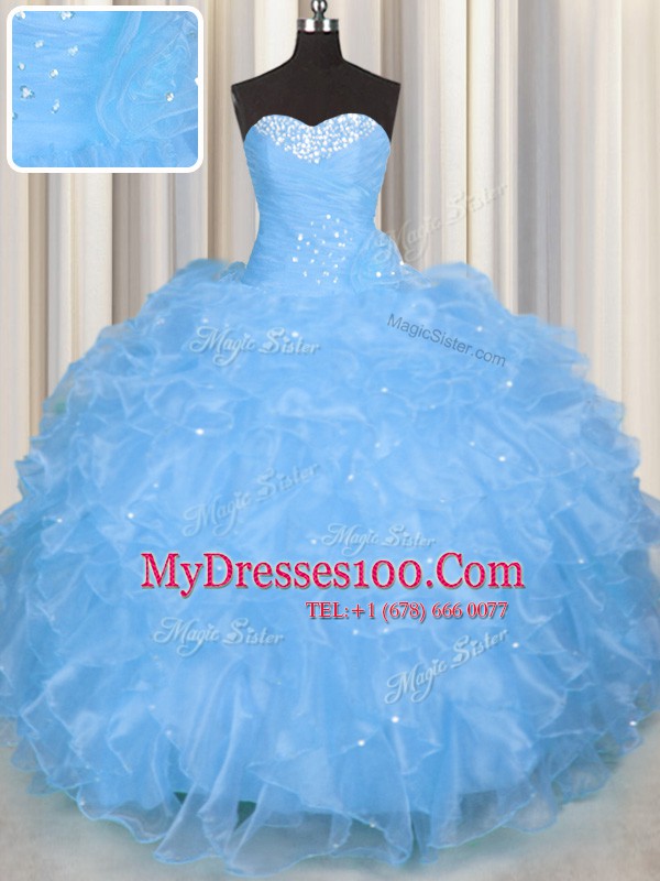 Graceful Baby Blue Organza Lace Up Sweetheart Sleeveless Floor Length Sweet 16 Dresses Beading and Ruffles