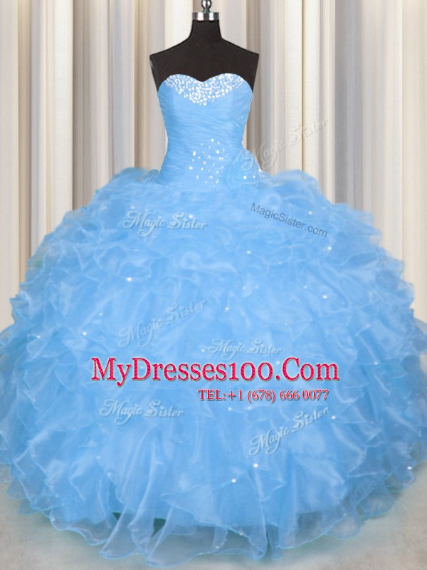 Graceful Baby Blue Organza Lace Up Sweetheart Sleeveless Floor Length Sweet 16 Dresses Beading and Ruffles