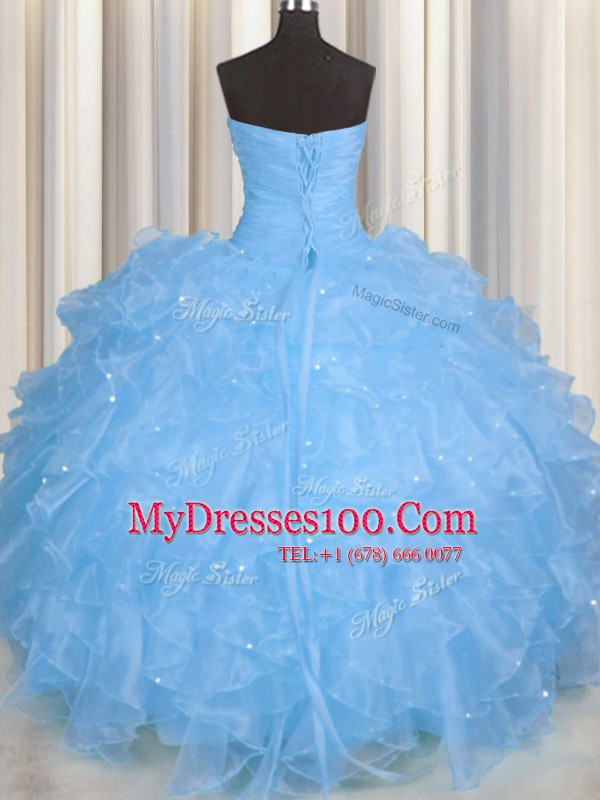 Graceful Baby Blue Organza Lace Up Sweetheart Sleeveless Floor Length Sweet 16 Dresses Beading and Ruffles