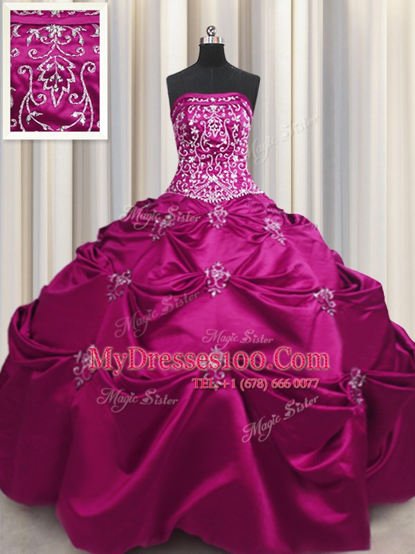 Extravagant Embroidery Strapless Sleeveless Lace Up Vestidos de Quinceanera Fuchsia Taffeta