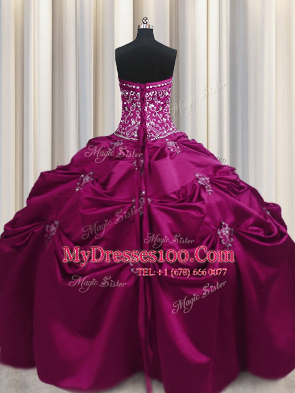 Extravagant Embroidery Strapless Sleeveless Lace Up Vestidos de Quinceanera Fuchsia Taffeta