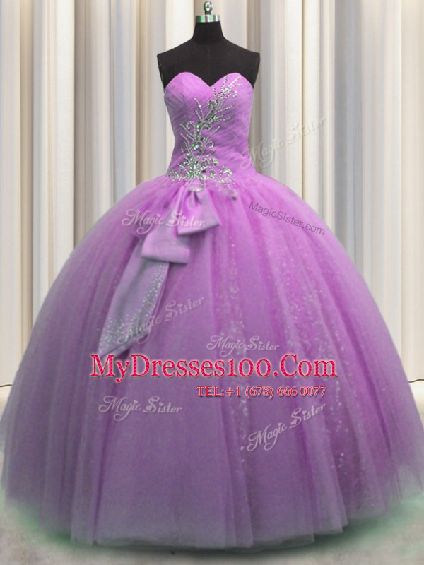 Elegant Sweetheart Sleeveless Tulle Ball Gown Prom Dress Beading and Sequins and Bowknot Lace Up