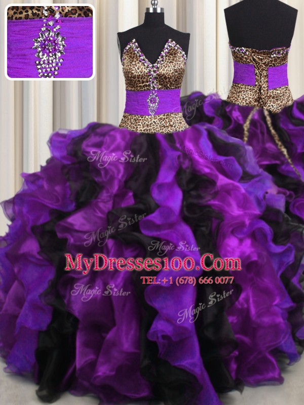 Shining Leopard Multi-color Ball Gowns Organza V-neck Sleeveless Beading and Ruffles Floor Length Lace Up 15th Birthday Dress