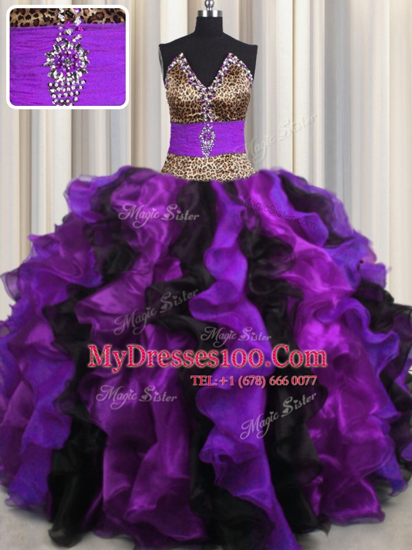 Shining Leopard Multi-color Ball Gowns Organza V-neck Sleeveless Beading and Ruffles Floor Length Lace Up 15th Birthday Dress
