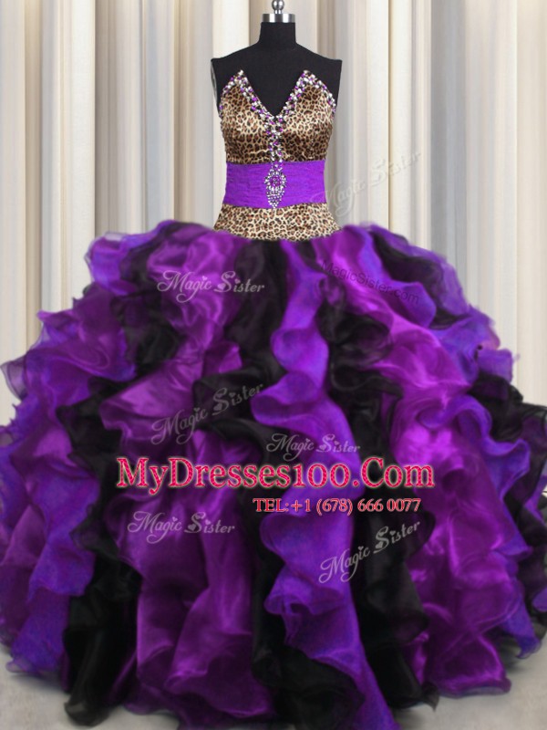 Shining Leopard Multi-color Ball Gowns Organza V-neck Sleeveless Beading and Ruffles Floor Length Lace Up 15th Birthday Dress