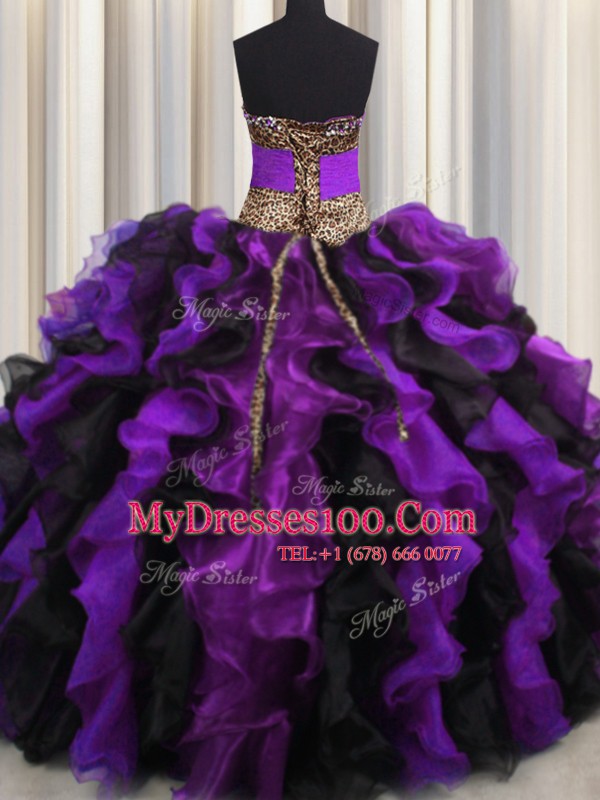 Shining Leopard Multi-color Ball Gowns Organza V-neck Sleeveless Beading and Ruffles Floor Length Lace Up 15th Birthday Dress