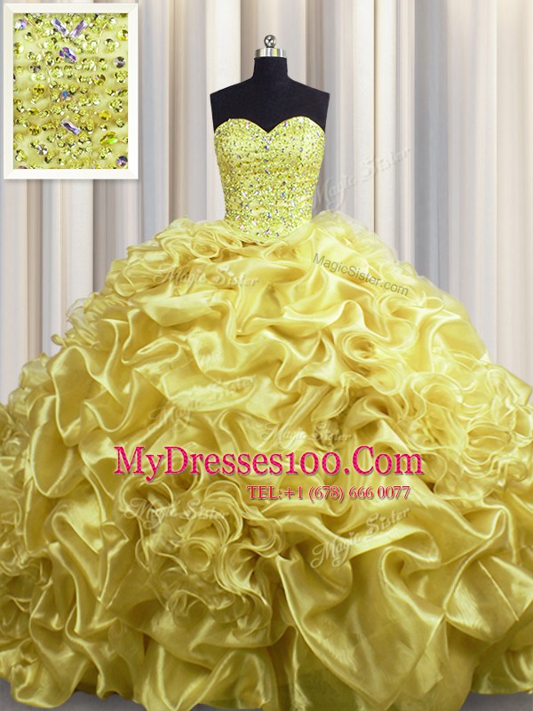 Dynamic Court Train Gold Sweetheart Neckline Beading and Pick Ups Quince Ball Gowns Sleeveless Lace Up
