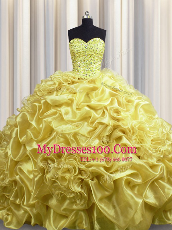 Dynamic Court Train Gold Sweetheart Neckline Beading and Pick Ups Quince Ball Gowns Sleeveless Lace Up