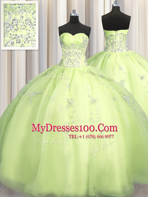 Chic Big Puffy Ball Gowns 15th Birthday Dress Yellow Green Sweetheart Organza Sleeveless Floor Length Zipper
