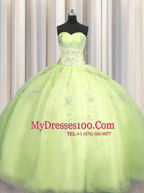 Chic Big Puffy Ball Gowns 15th Birthday Dress Yellow Green Sweetheart Organza Sleeveless Floor Length Zipper