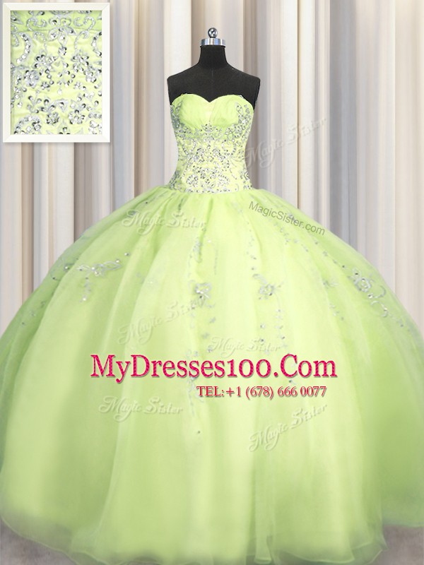 Chic Big Puffy Ball Gowns 15th Birthday Dress Yellow Green Sweetheart Organza Sleeveless Floor Length Zipper