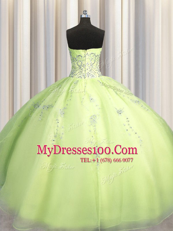 Chic Big Puffy Ball Gowns 15th Birthday Dress Yellow Green Sweetheart Organza Sleeveless Floor Length Zipper