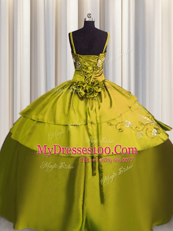 Spaghetti Straps Sleeveless Satin Quinceanera Dress Beading and Embroidery Lace Up