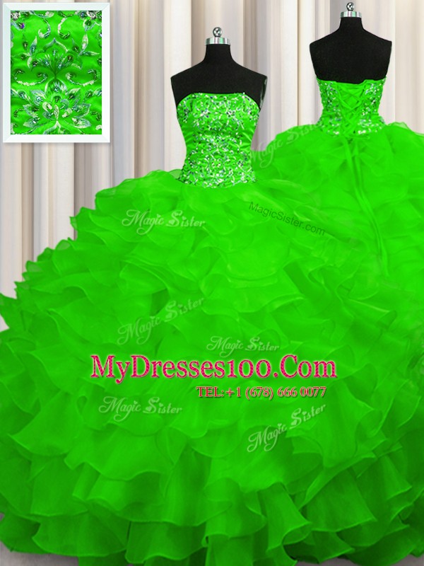 Colorful Organza Lace Up Vestidos de Quinceanera Sleeveless Sweep Train Beading and Ruffles