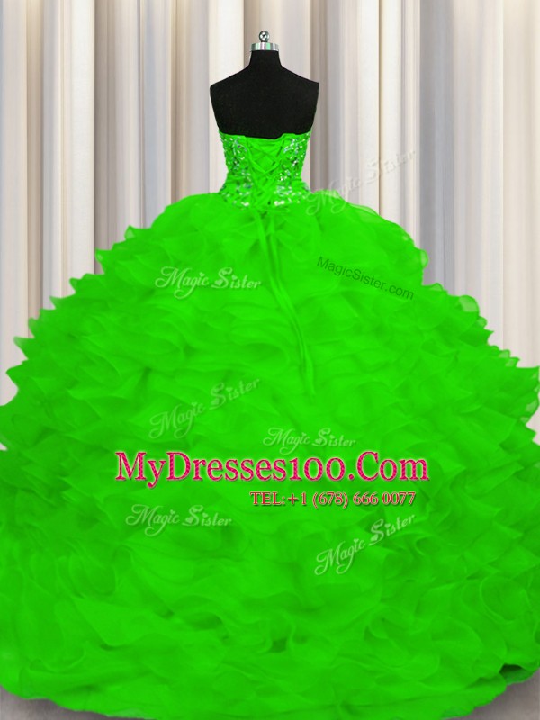 Colorful Organza Lace Up Vestidos de Quinceanera Sleeveless Sweep Train Beading and Ruffles