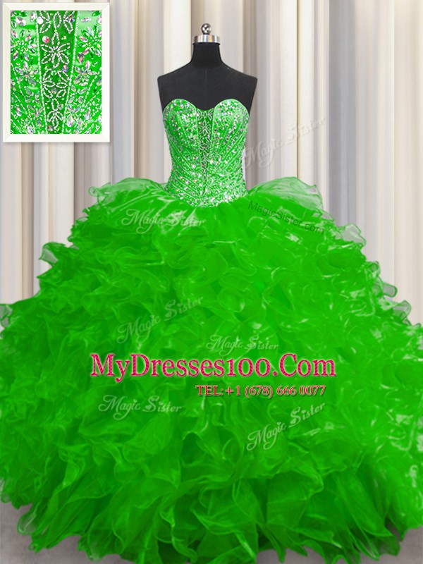 Elegant See Through Sweetheart Sleeveless Quinceanera Gowns Floor Length Beading and Ruffles Organza