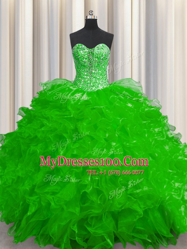 Elegant See Through Sweetheart Sleeveless Quinceanera Gowns Floor Length Beading and Ruffles Organza