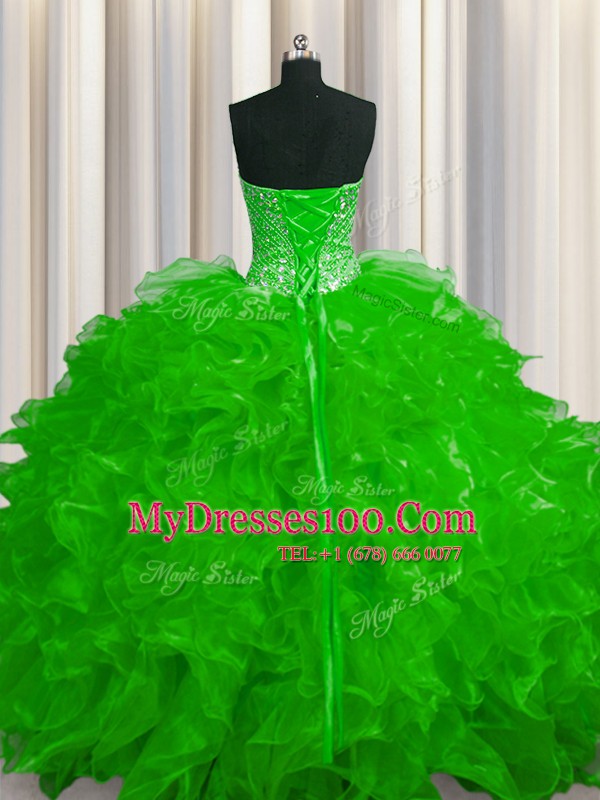 Elegant See Through Sweetheart Sleeveless Quinceanera Gowns Floor Length Beading and Ruffles Organza