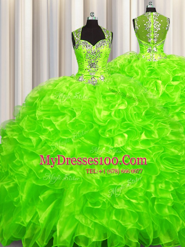Spectacular Pick Ups Zipper Up See Through Back With Train Zipper 15 Quinceanera Dress for Military Ball and Sweet 16 and Quinceanera with Beading Brush Train