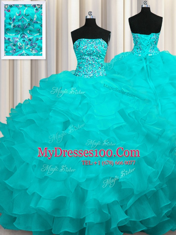 Edgy Aqua Blue Lace Up Quinceanera Gown Beading and Ruffles Sleeveless With Train Sweep Train