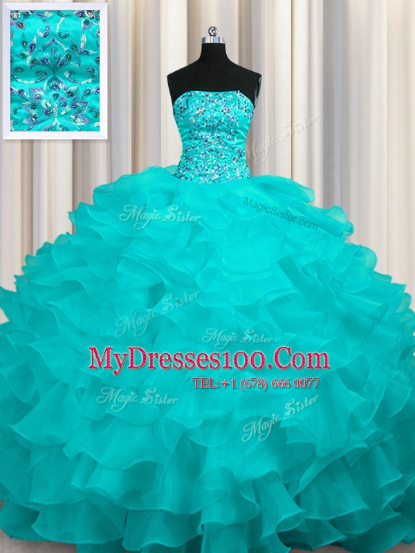Edgy Aqua Blue Lace Up Quinceanera Gown Beading and Ruffles Sleeveless With Train Sweep Train
