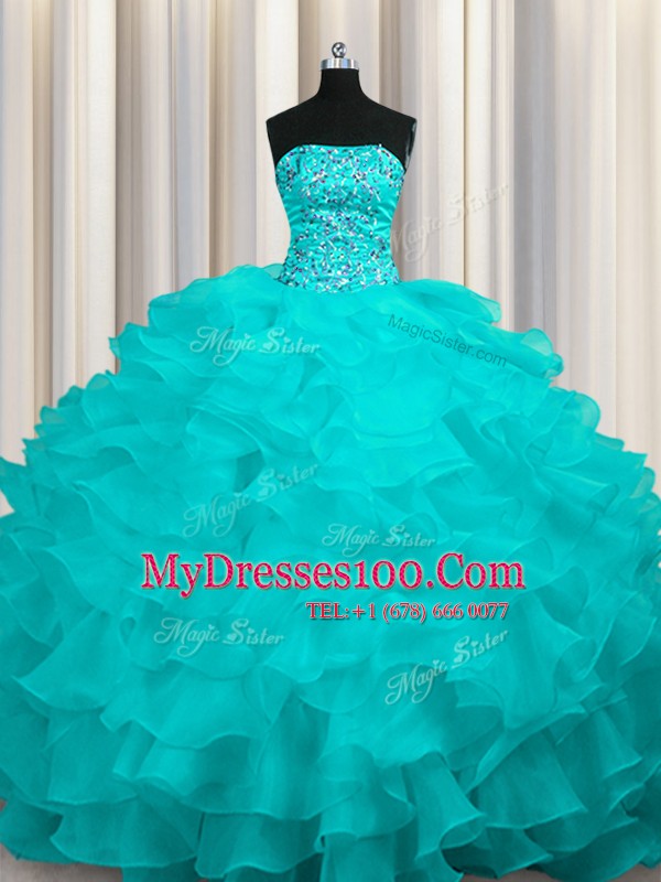 Edgy Aqua Blue Lace Up Quinceanera Gown Beading and Ruffles Sleeveless With Train Sweep Train